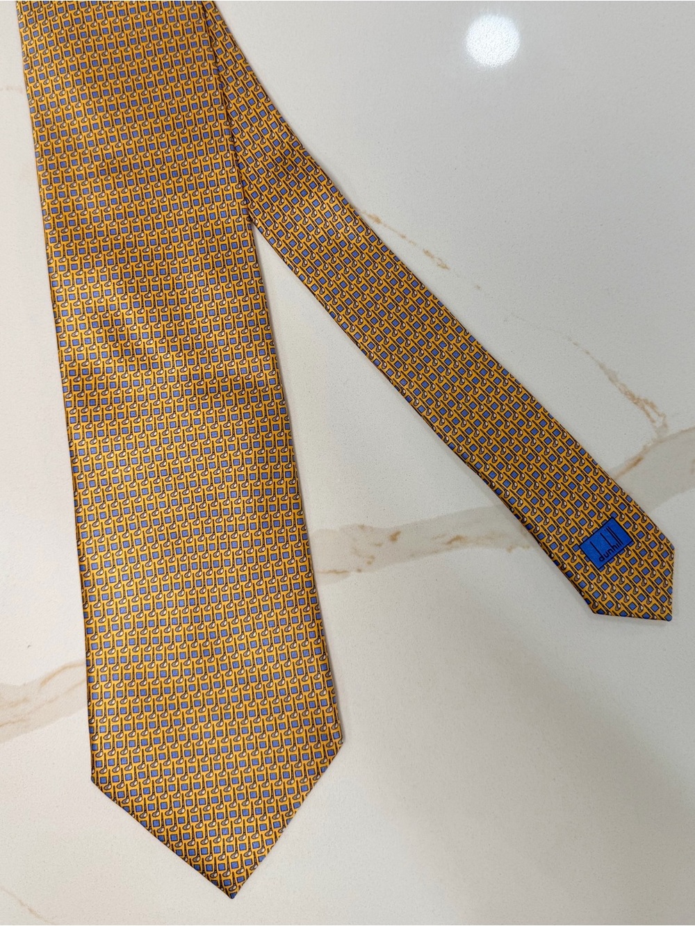 Dunhill London 100% Silk Geometric Tie Gold Blue Luxury Designer Necktie